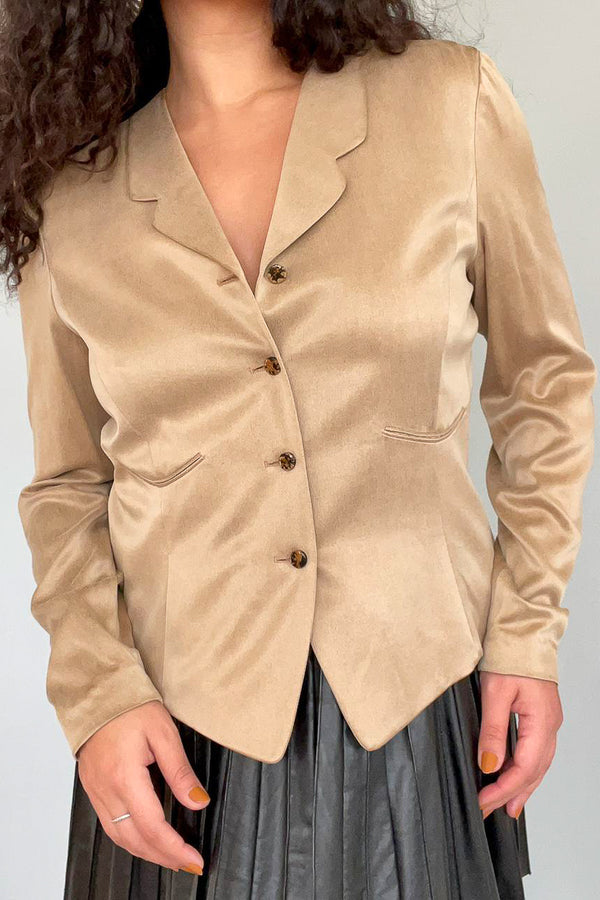 Tan Silk Shirt Jacket // Size 8-10