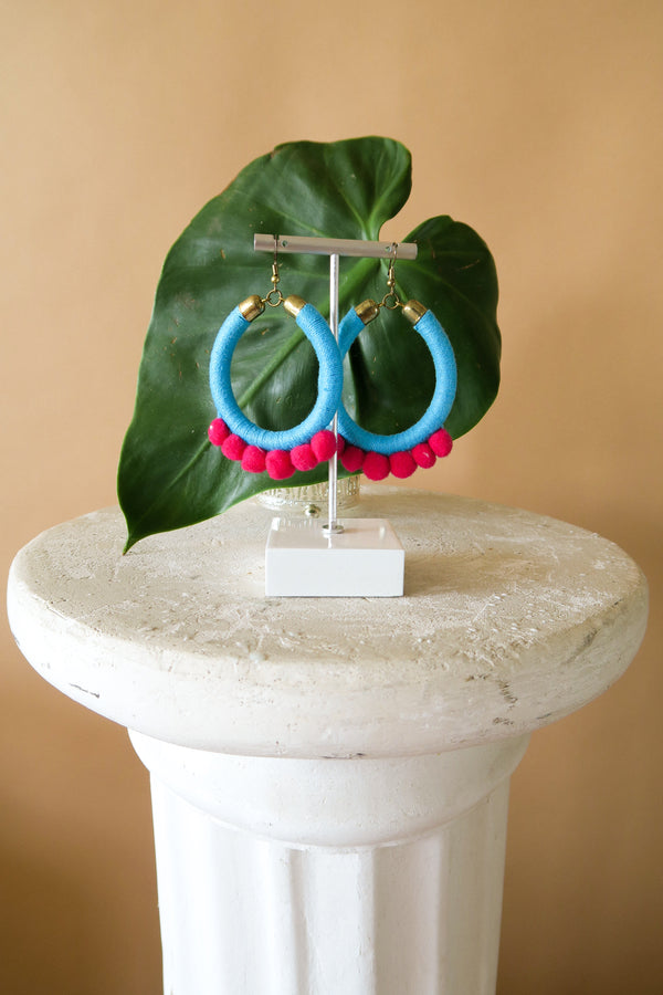 Aqua Pom Pom Earrings