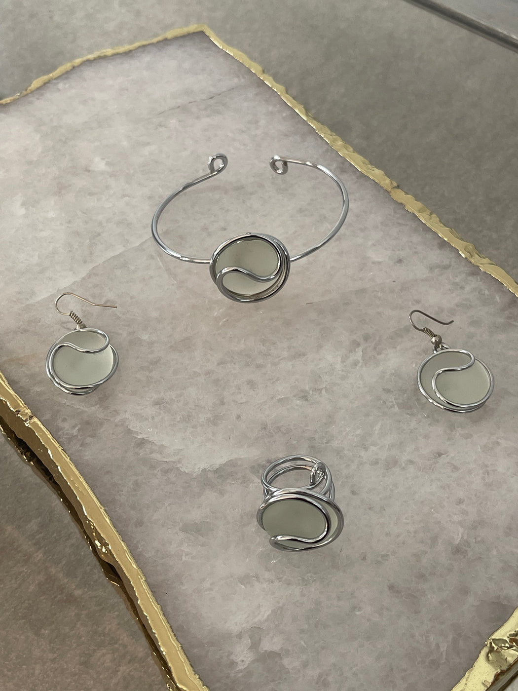 Y2K Frosted Glass Jewelry Set - Earrings, Ring + Bracelet