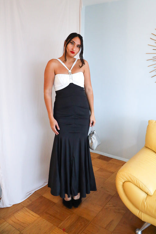 90s Fishtail Gown in Black and White / Size 8