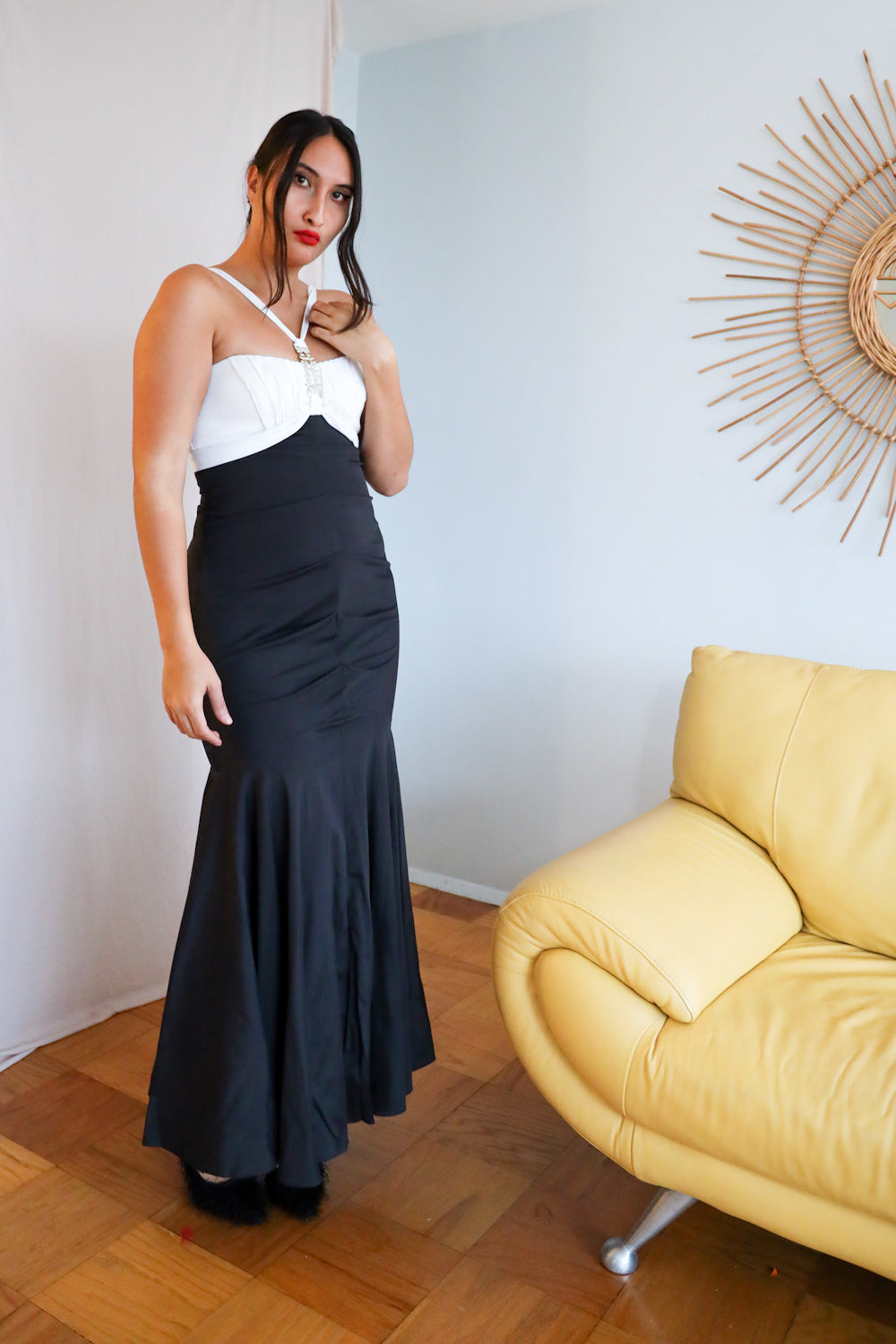 90s Fishtail Gown in Black and White / Size 8