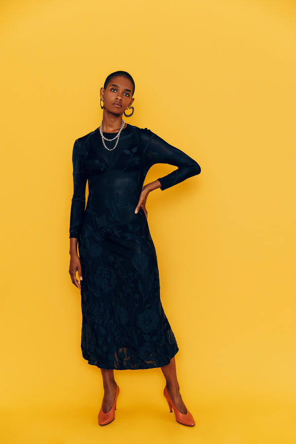 Navy Long Sleeved Sheer Floral Midi Dress / Size 4-6