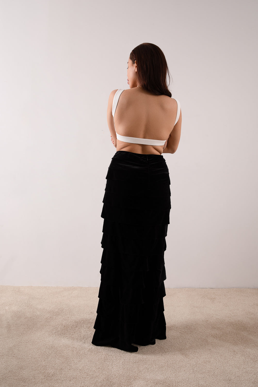 Black Velvet Tiered Maxi Skirt / Size 8