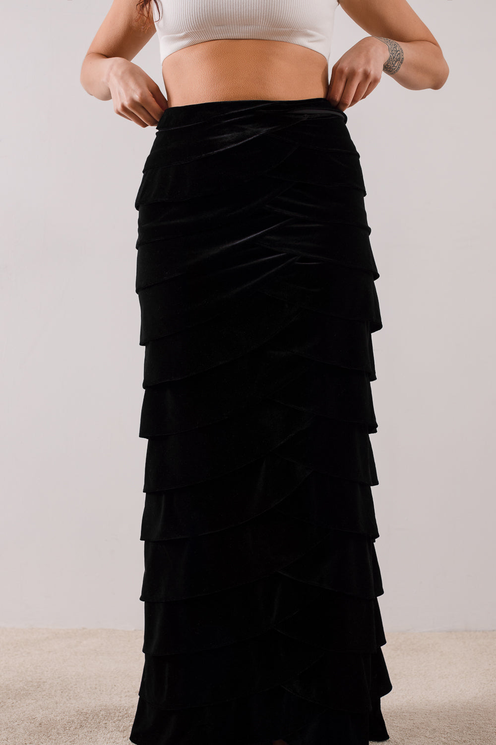 Black Velvet Tiered Maxi Skirt / Size 8