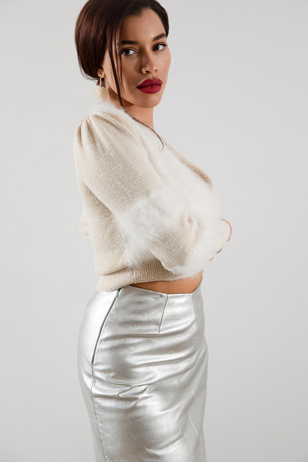 Metallic Silver Leather Skirt / Size 6-8