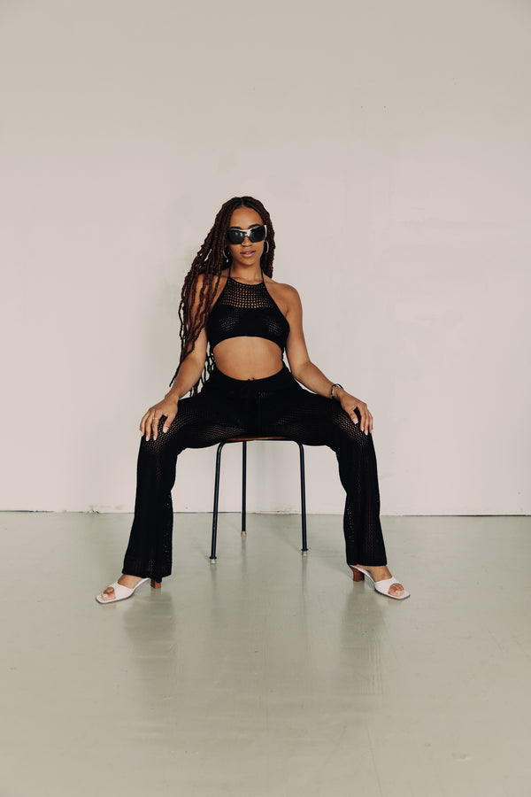 Black Vintage Crocheted Halter and Pant Set / Size M