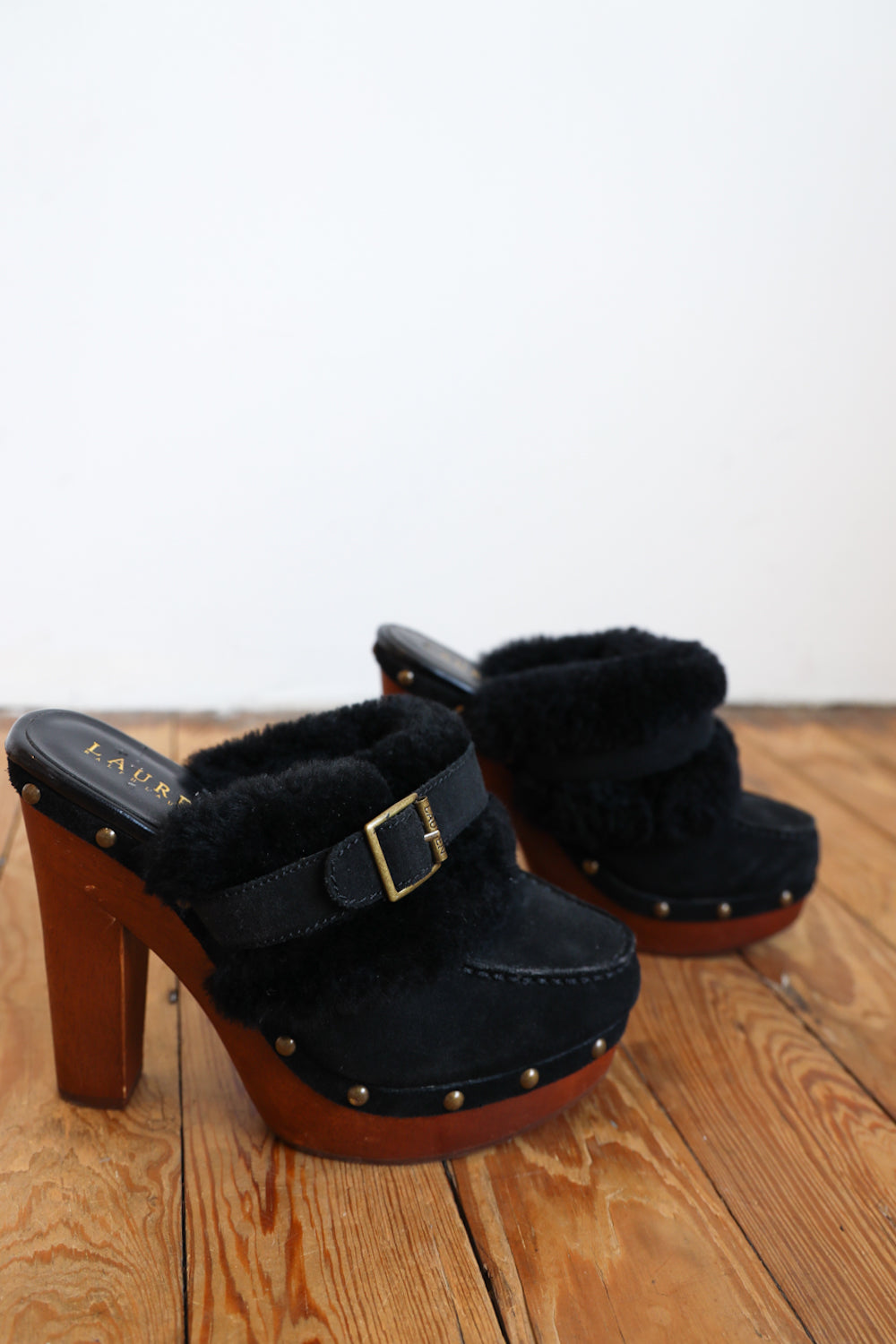 Black Suede Shearling Clogs / Size 7