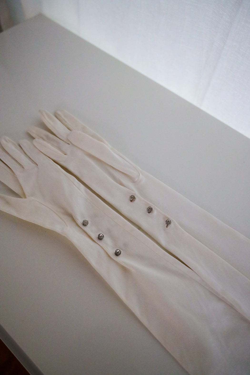 Vintage White Opera Length Gloves with Rhinestone Details