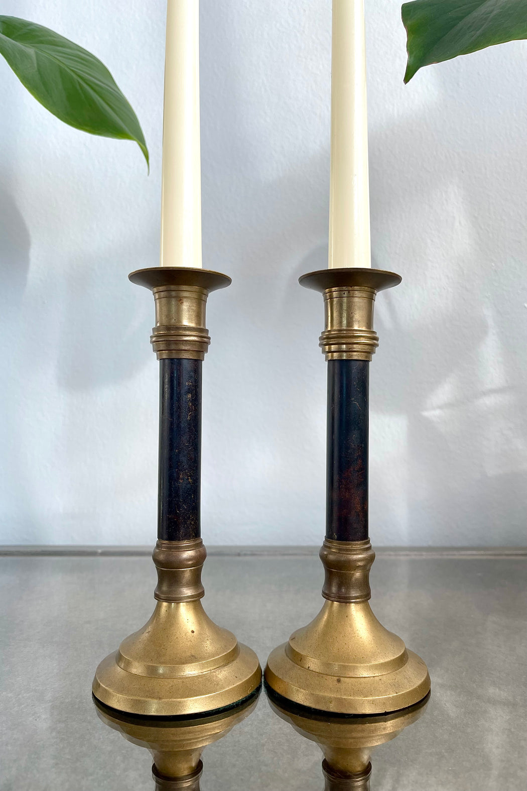 Antique Brass + Enamel Candlesticks Holders