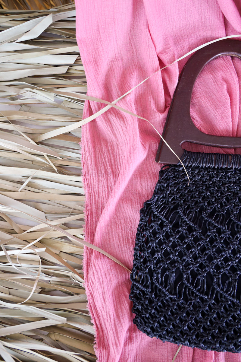 Black Woven Straw Bag with Wood Handle