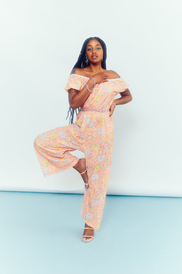 Peach Floral Vintage Nylon Jumpsuit / Size S-M