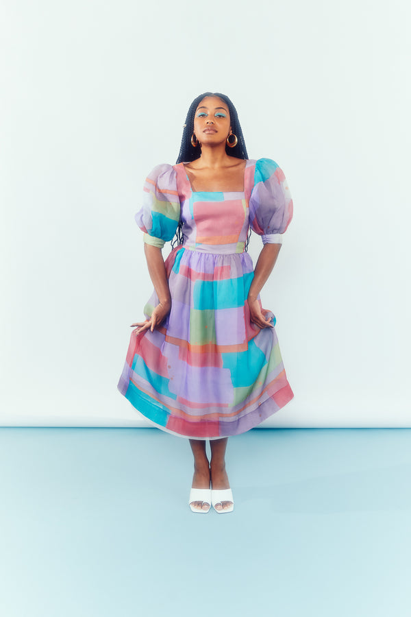 1980s Puff Sleeve Pastel Checkered Dress / Size 4